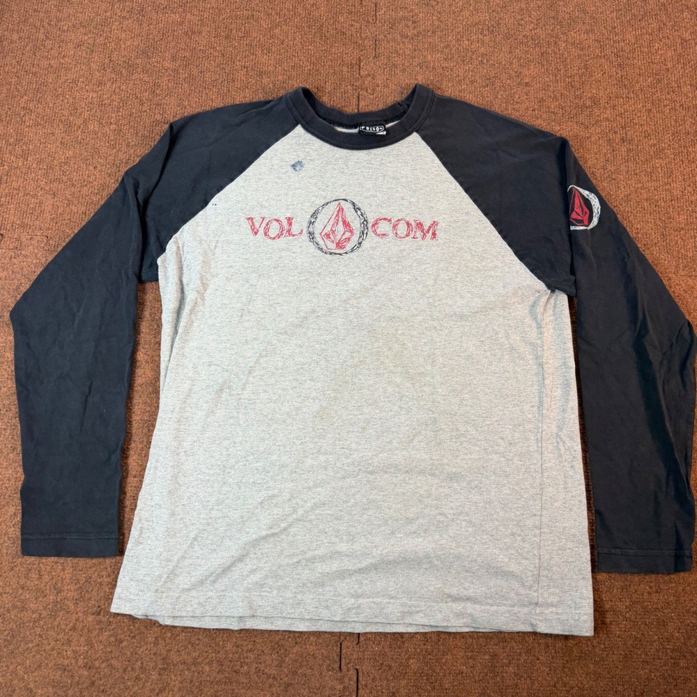 Volcom Stone Raglan T-Shirt Mens Medium Grey Black Long Sleeve Skater Tee Y2K